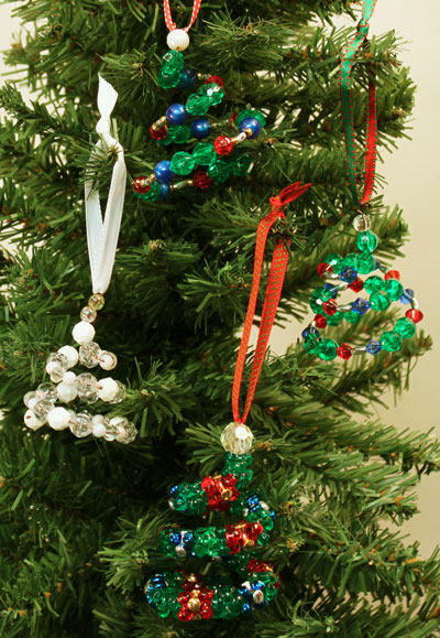Easy Christmas Crafts Spiral Beaded Christmas Ornament four hanging on tree