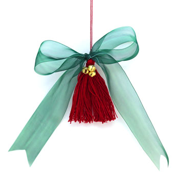 Ribbon and Bell Tassel Ornament finished in red and green