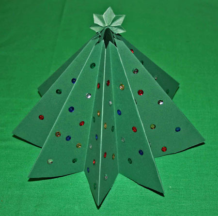 Easy Christmas crafts folded paper Christmas tree made with green card stock and sequins
