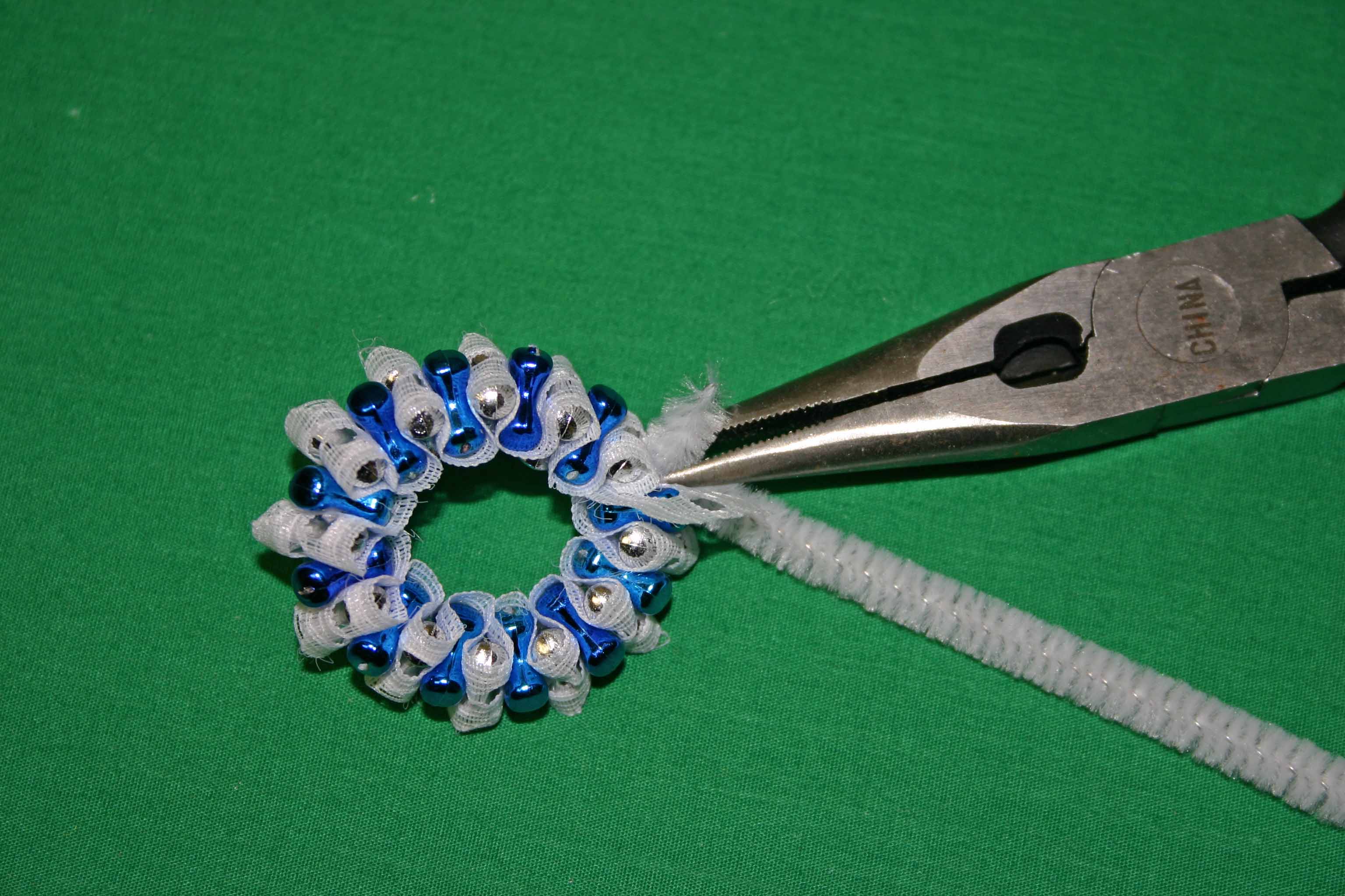 Beaded Christmas wreath blue silver twist and cut wire