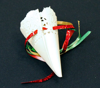 Easy Christmas Crafts Paper Doily Cone Ornament step 5 thread the ribbon through the edges of the doily