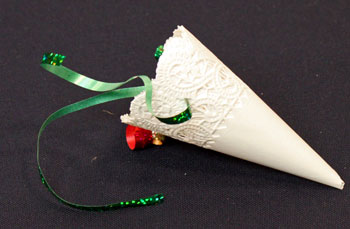 Easy Christmas Crafts Paper Doily Cone Ornament step 8 thread the ribbon through the back of the cone