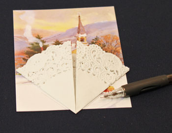Easy Christmas Crafts Paper Doily Greeting Card Ornament step 3 mark bottom edge on card