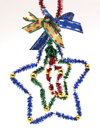 Easy Christmas Crafts Three Stars Chenille Ornament metallic version with beads hanging on display