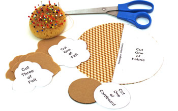 Easy Felt Crafts Cupcake Paperweight step 2 cut fabric, felt and cardboard pieces