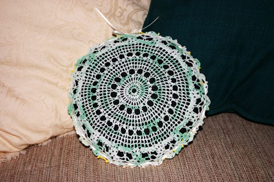 Frugal fun crafts doily pillow finished green