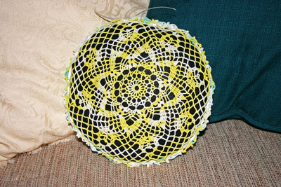 Frugal fun crafts doily pillow finished yellow