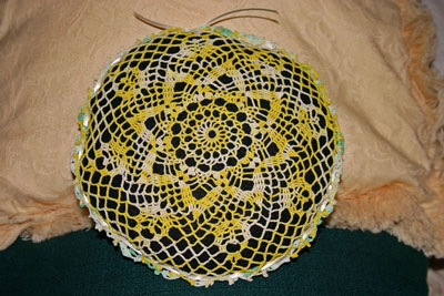 Frugal fun crafts doily pillow finished yellow side