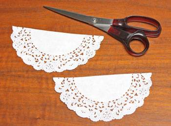 Cardstock and Doily Angel step 3 cut doily in half