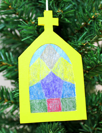 Church Window Ornament yellow finished and hanging on tree