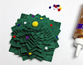 Felt Squares Christmas Tree step 11 add pom pom ornaments