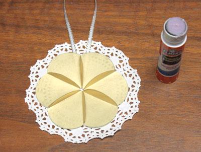 Paper Circles Triangle Doily Ornament step 8 glue circles to doily