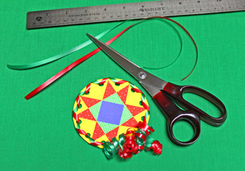 Paper Quilt Patch Ornament step 16 measure and cut ribbons for hanging loop