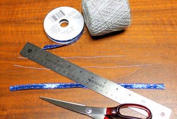 Star Box Ornament step 7 cut yarn and ribbon lengths